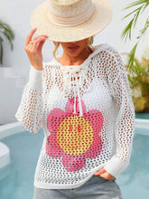 Load image into Gallery viewer, Flower Graphic Lace-Up Openwork Hooded Cover Up
