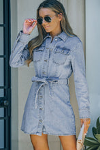 Load image into Gallery viewer, Button Down Collared Neck Belted Denim Dress