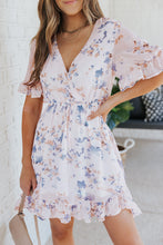 Load image into Gallery viewer, Floral Drawstring Waist Ruffled Surplice Dress