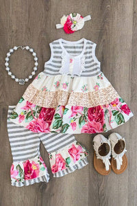 PREORDER Gray Stripe Floral 2 pc Set