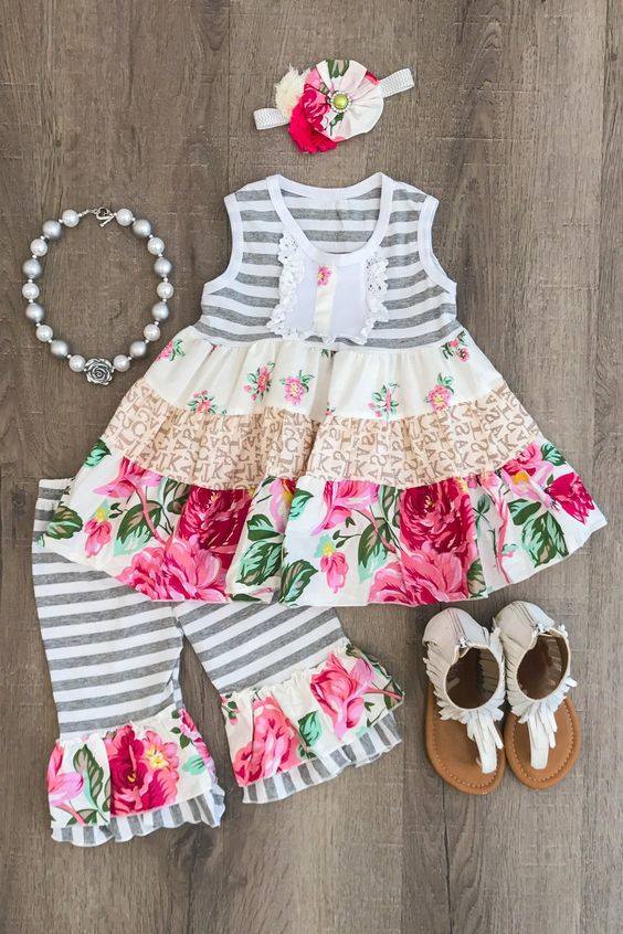 PREORDER Gray Stripe Floral 2 pc Set