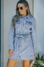 Load image into Gallery viewer, Button Down Collared Neck Belted Denim Dress

