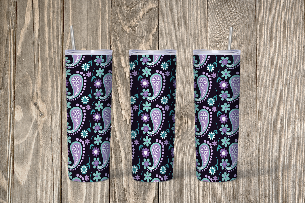 Black with Purple Paisley Print Skinny 20oz Tumbler
