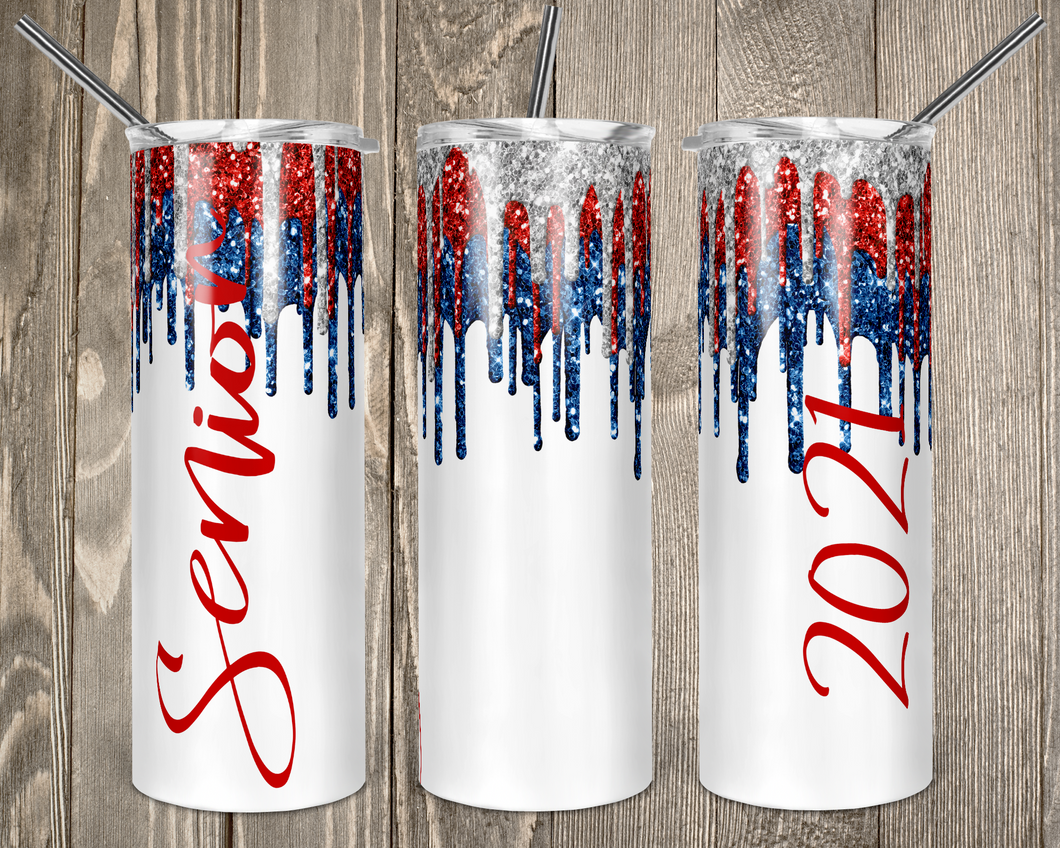 Red White & Blue Dripping Glitter Senior 2021 Skinny 20oz Tumbler