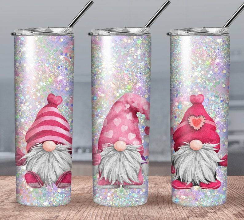 Valentine's Day Gnome Tumbler in Silver & Pink