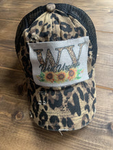 Load image into Gallery viewer, Cheetah Criss Cross Ponytail Hat with West Virginia Sunflower Patch
