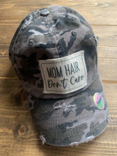 Load image into Gallery viewer, Vintage Camo Hat with Mom Hair Don&#39;t Care Patch
