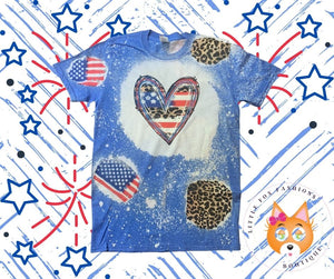 Bleached Patriotic Leopard Heart T Shirt with Pattern Patched Designs -Adult Sizes