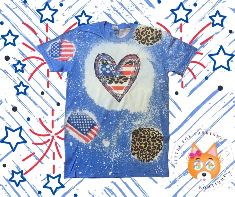 Bleached Patriotic Leopard Heart T Shirt with Pattern Patched Designs -Adult Sizes