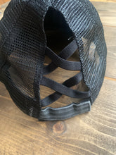 Load image into Gallery viewer, Vintage Black Criss Cross Ponytail Hat with Western Skull Horseshoe Patch
