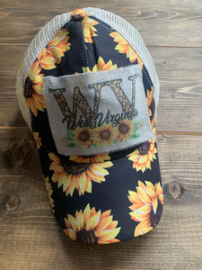 Sunflower Criss Cross Ponytail Hat with West Virginia Patch